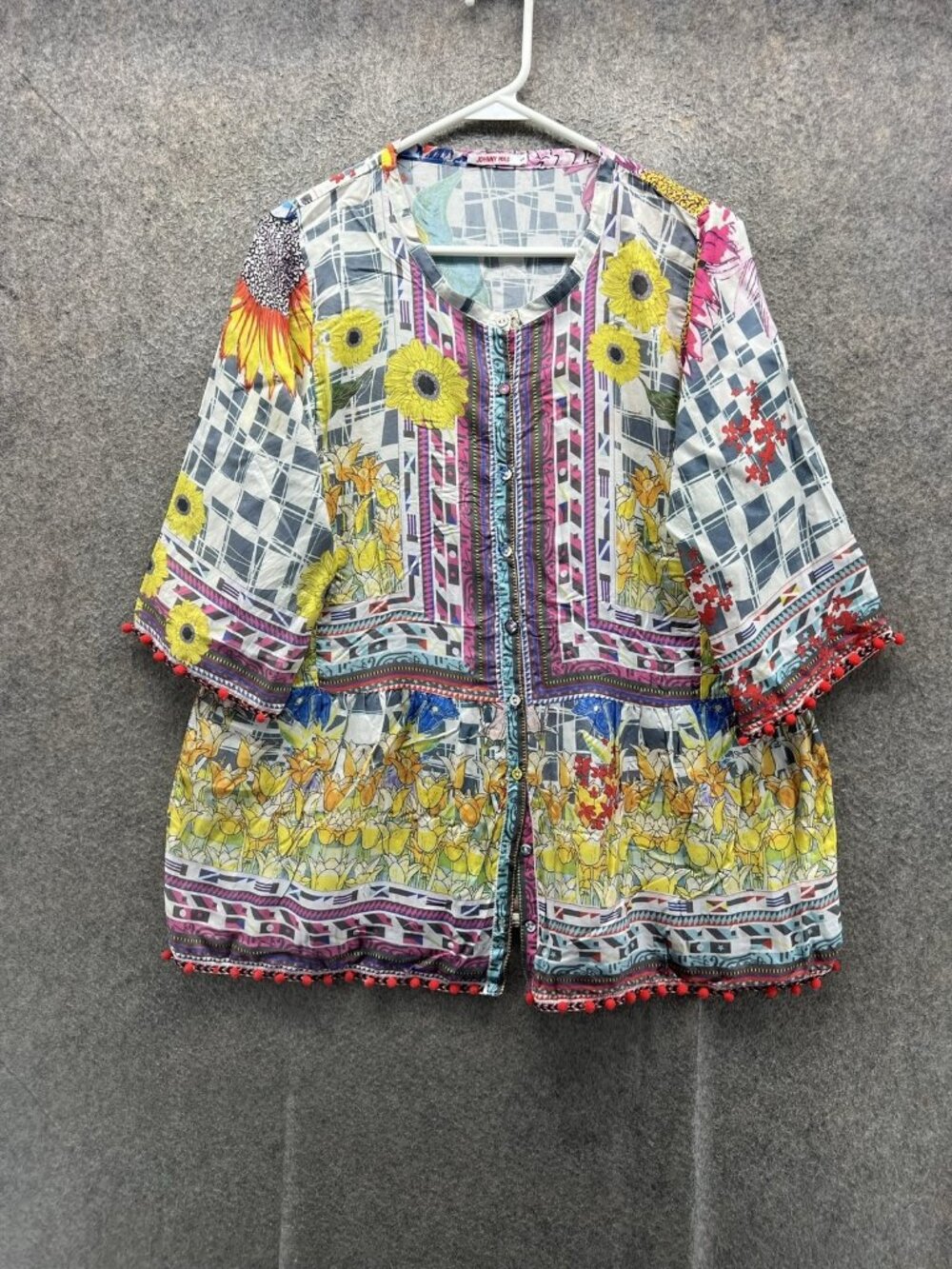 Johnny Was Blouse Women Small Multicolor Round Neck Kimono 3/4 Sleeve Floral